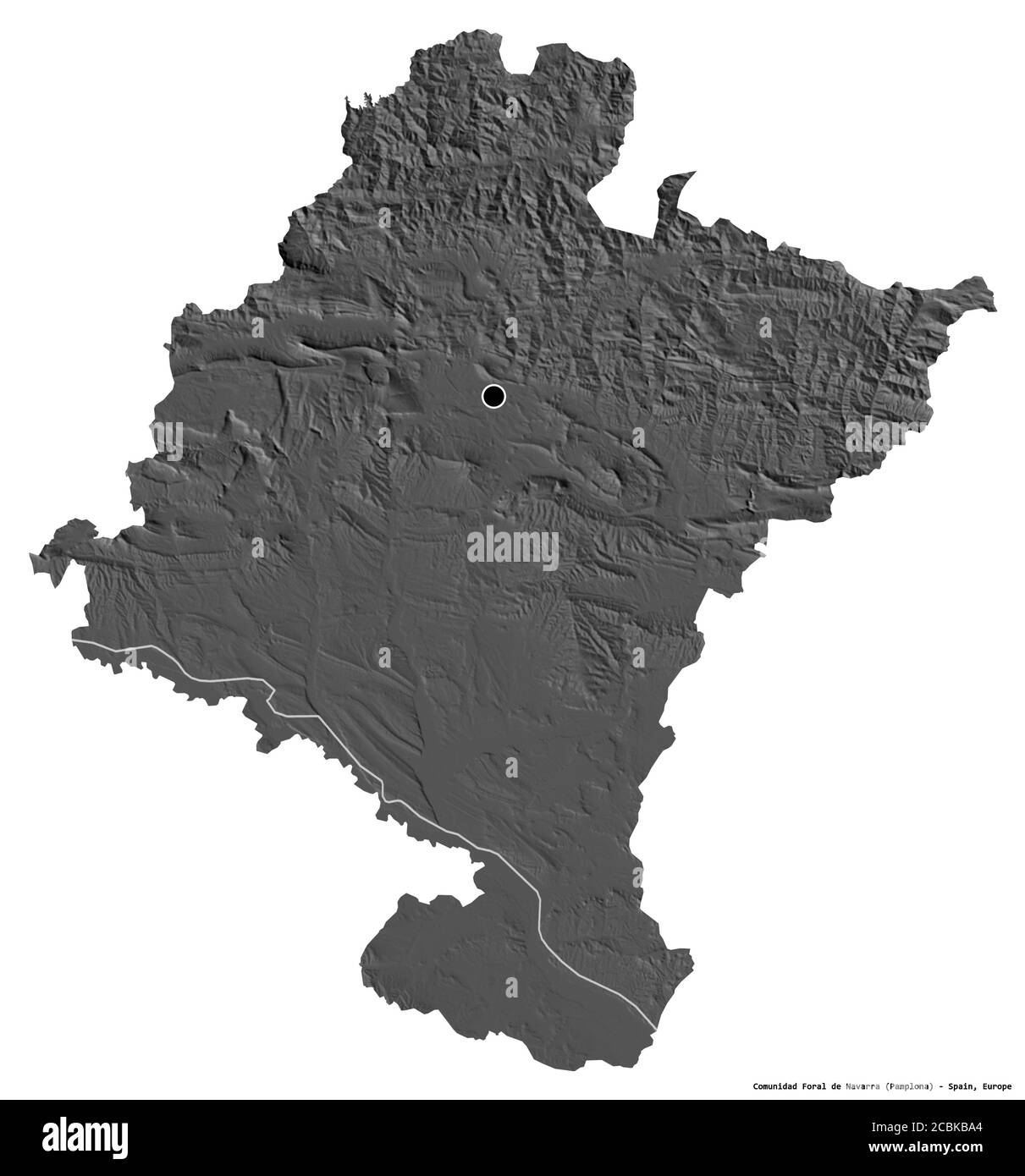 Form der Comunidad Foral de Navarra, autonome Gemeinschaft von Spanien, mit seiner Hauptstadt isoliert auf weißem Hintergrund. Höhenkarte mit zwei Ebenen. 3D-Rendering Stockfoto