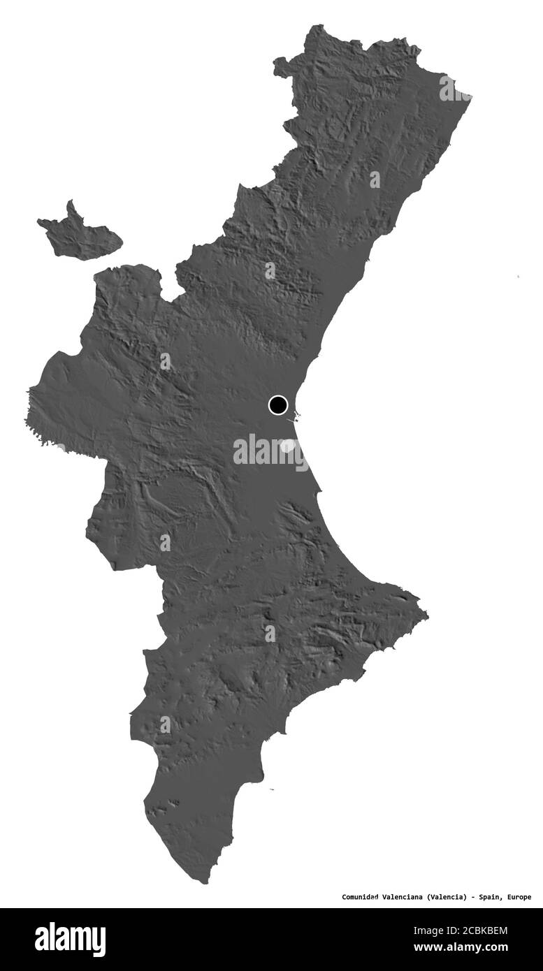 Form der Comunidad Valenciana, autonome Gemeinschaft von Spanien, mit seiner Hauptstadt isoliert auf weißem Hintergrund. Höhenkarte mit zwei Ebenen. 3D-Rendering Stockfoto