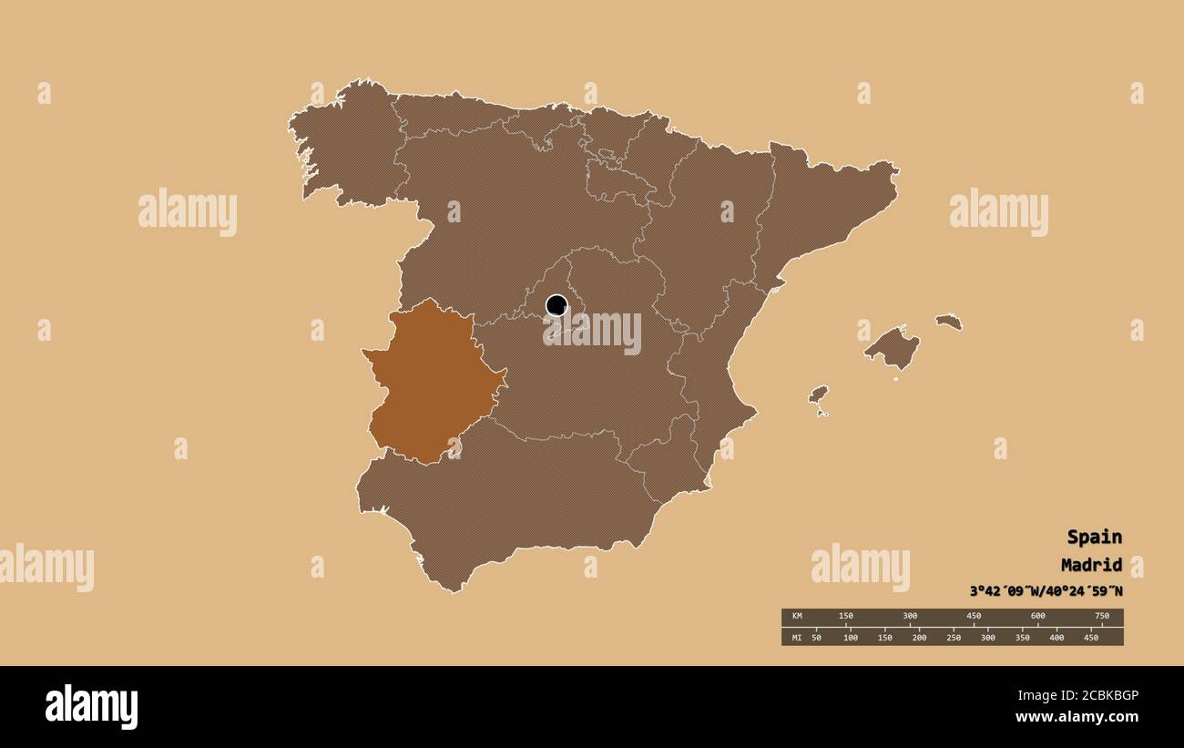 Entsättigte Form von Spanien mit seiner Hauptstadt, der wichtigsten regionalen Teilung und der abgetrennten Extremadura-Bereich. Beschriftungen. Komposition von gemusterten Texturen. 3D Stockfoto