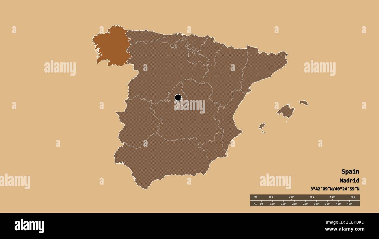 Entsättigte Form von Spanien mit seiner Hauptstadt, der wichtigsten regionalen Teilung und der abgetrennten Galicien-Bereich. Beschriftungen. Komposition von gemusterten Texturen. 3D-Rend Stockfoto