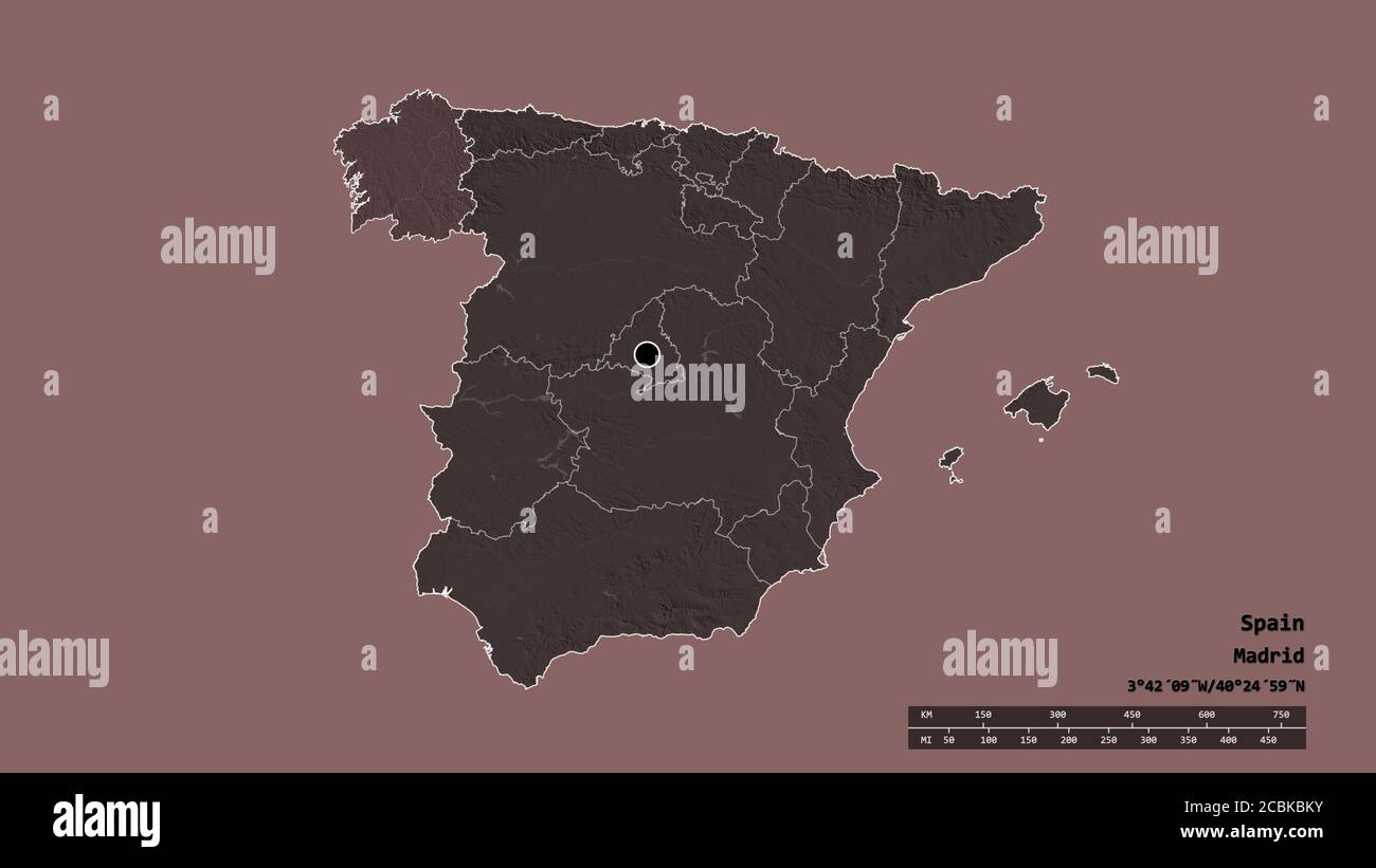 Entsättigte Form von Spanien mit seiner Hauptstadt, der wichtigsten regionalen Teilung und der abgetrennten Galicien-Bereich. Beschriftungen. Farbige Höhenkarte. 3D-Rendering Stockfoto