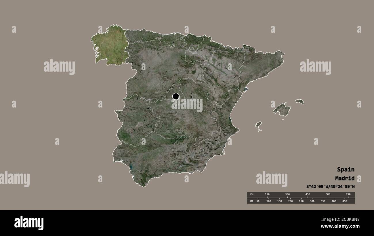 Entsättigte Form von Spanien mit seiner Hauptstadt, der wichtigsten regionalen Teilung und der abgetrennten Galicien-Bereich. Beschriftungen. Satellitenbilder. 3D-Rendering Stockfoto