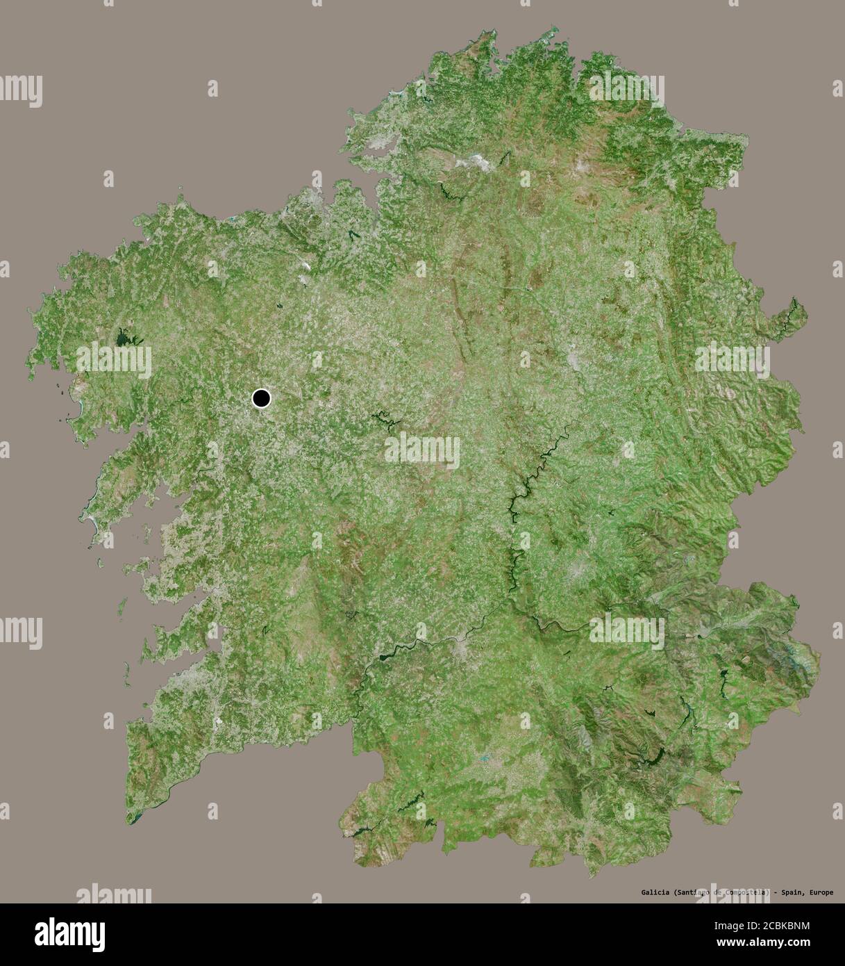 Form von Galicien, autonome Gemeinschaft von Spanien, mit seiner Hauptstadt isoliert auf einem einfarbigen Hintergrund. Satellitenbilder. 3D-Rendering Stockfoto