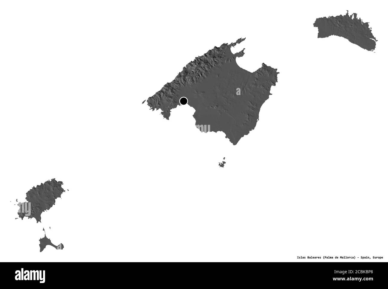 Form von Islas Baleares, autonome Gemeinschaft von Spanien, mit seiner Hauptstadt isoliert auf weißem Hintergrund. Höhenkarte mit zwei Ebenen. 3D-Rendering Stockfoto
