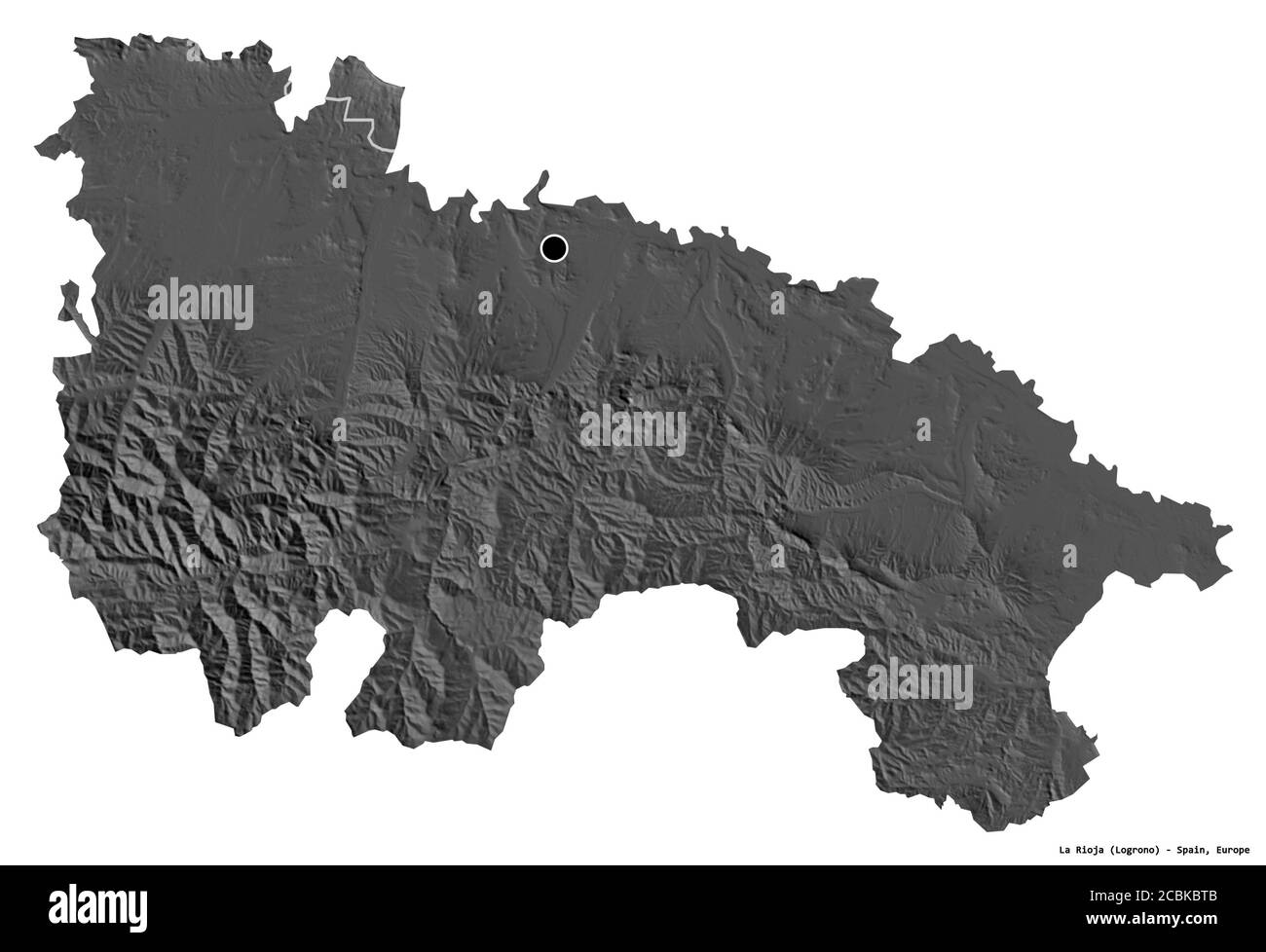 Form von La Rioja, autonome Gemeinschaft von Spanien, mit seiner Hauptstadt isoliert auf weißem Hintergrund. Höhenkarte mit zwei Ebenen. 3D-Rendering Stockfoto