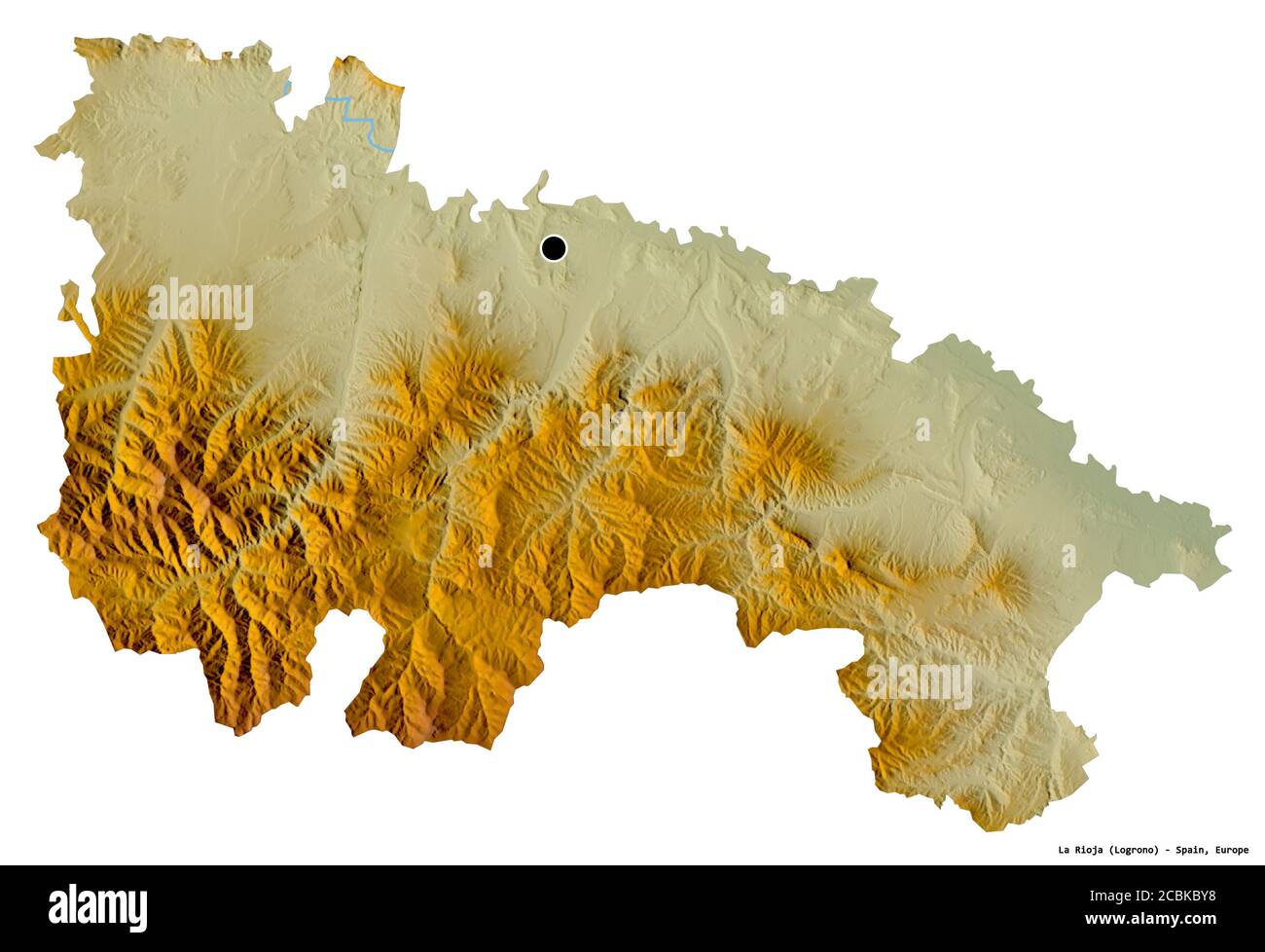 Form von La Rioja, autonome Gemeinschaft von Spanien, mit seiner Hauptstadt isoliert auf weißem Hintergrund. Topografische Reliefkarte. 3D-Rendering Stockfoto