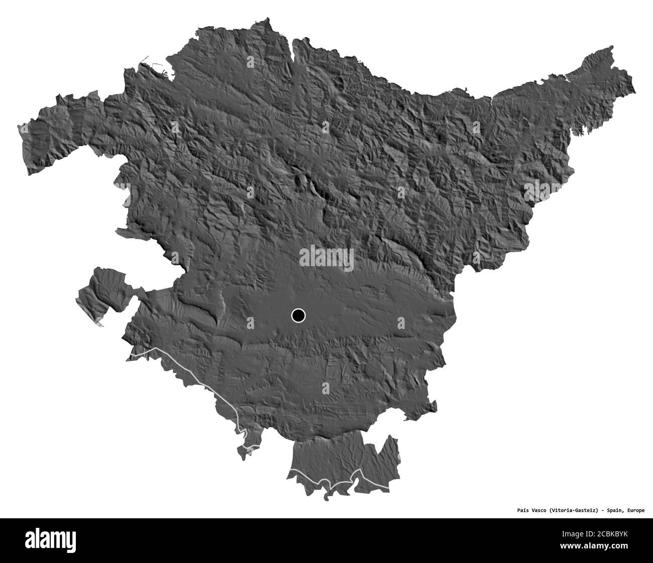 Form von País Vasco, autonome Gemeinschaft von Spanien, mit seiner Hauptstadt isoliert auf weißem Hintergrund. Höhenkarte mit zwei Ebenen. 3D-Rendering Stockfoto