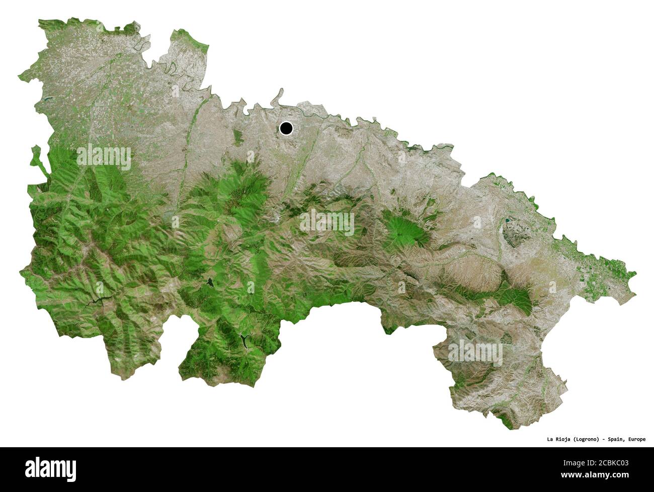 Form von La Rioja, autonome Gemeinschaft von Spanien, mit seiner Hauptstadt isoliert auf weißem Hintergrund. Satellitenbilder. 3D-Rendering Stockfoto