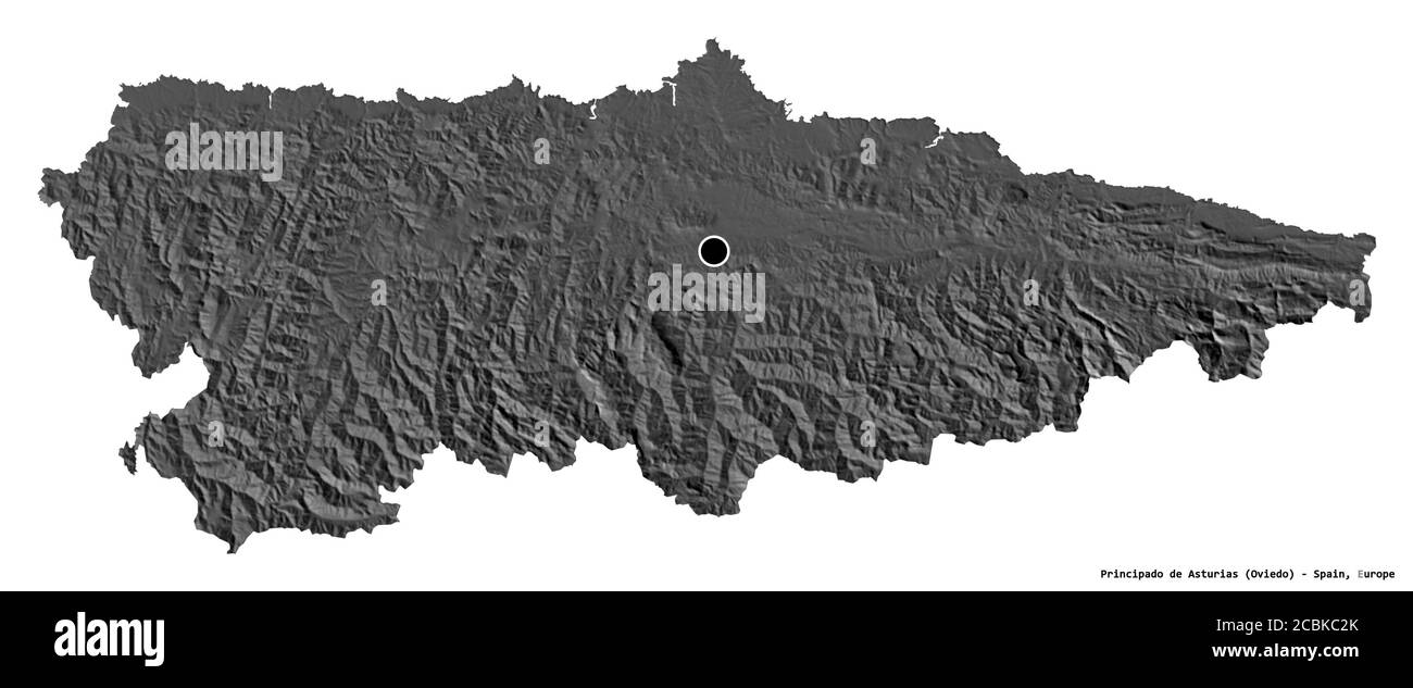 Form von Principado de Asturias, autonome Gemeinschaft von Spanien, mit seiner Hauptstadt isoliert auf weißem Hintergrund. Höhenkarte mit zwei Ebenen. 3D-Rendering Stockfoto