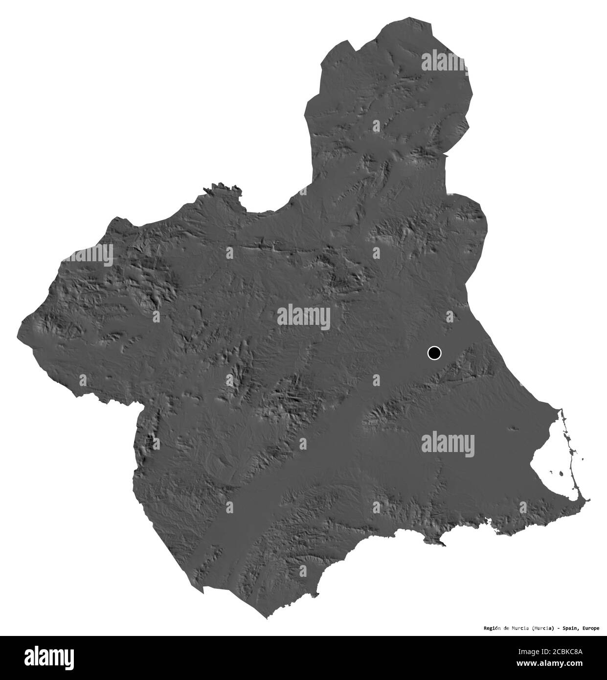 Form von Región de Murcia, autonome Gemeinschaft Spaniens, mit seiner Hauptstadt auf weißem Hintergrund isoliert. Höhenkarte mit zwei Ebenen. 3D-Rendering Stockfoto
