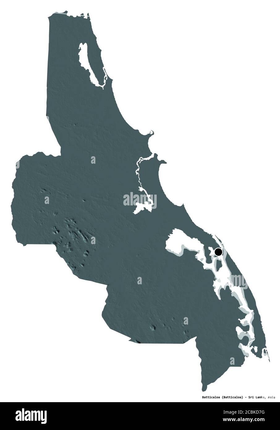 Form von Batticaloa, Bezirk von Sri Lanka, mit seiner Hauptstadt isoliert auf weißem Hintergrund. Farbige Höhenkarte. 3D-Rendering Stockfoto