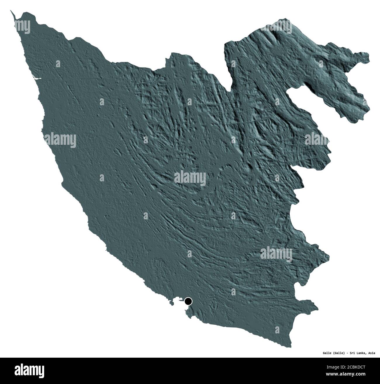 Form von Galle, Bezirk von Sri Lanka, mit seiner Hauptstadt isoliert auf weißem Hintergrund. Farbige Höhenkarte. 3D-Rendering Stockfoto