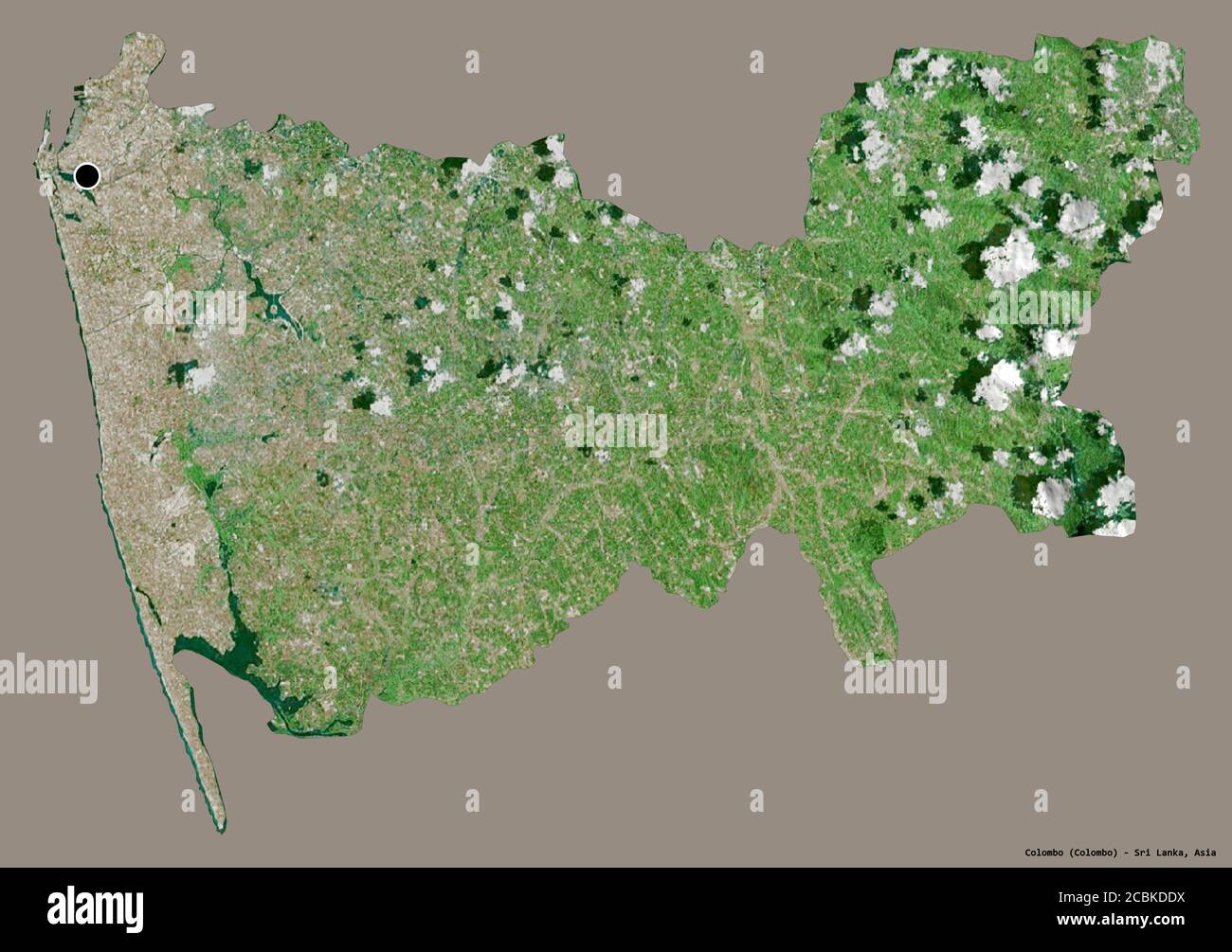 Form von Colombo, Bezirk von Sri Lanka, mit seiner Hauptstadt isoliert auf einem einfarbigen Hintergrund. Satellitenbilder. 3D-Rendering Stockfoto