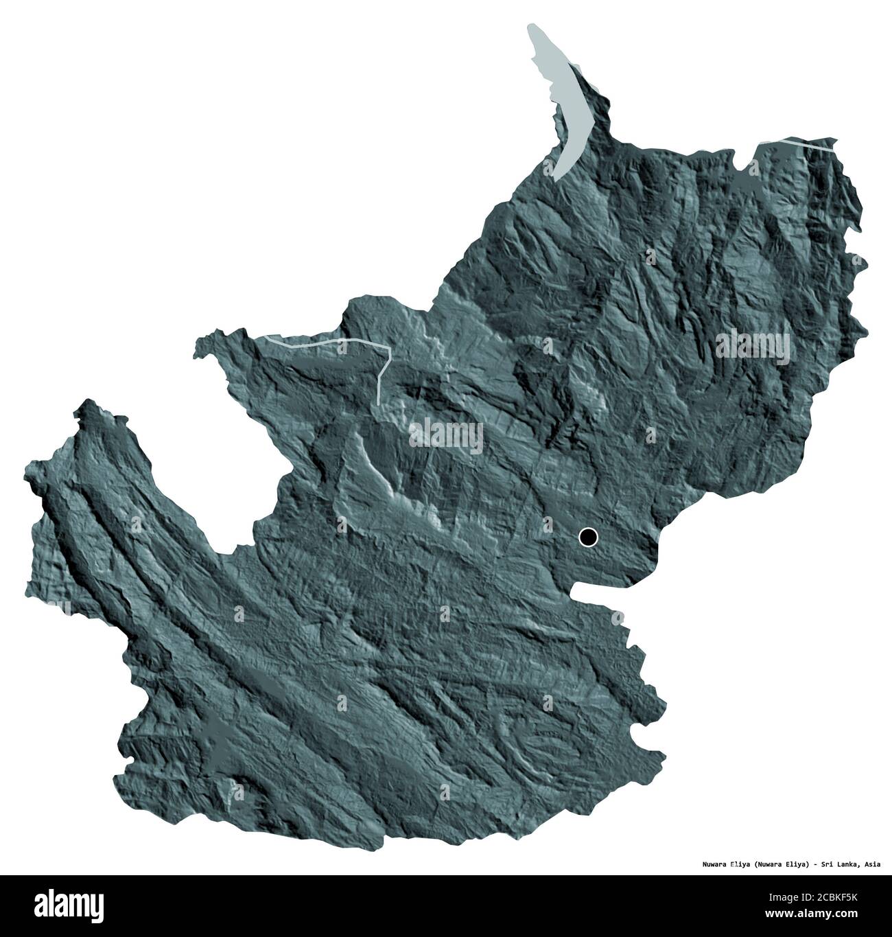 Form von Nuwara Eliya, Bezirk von Sri Lanka, mit seiner Hauptstadt isoliert auf weißem Hintergrund. Farbige Höhenkarte. 3D-Rendering Stockfoto