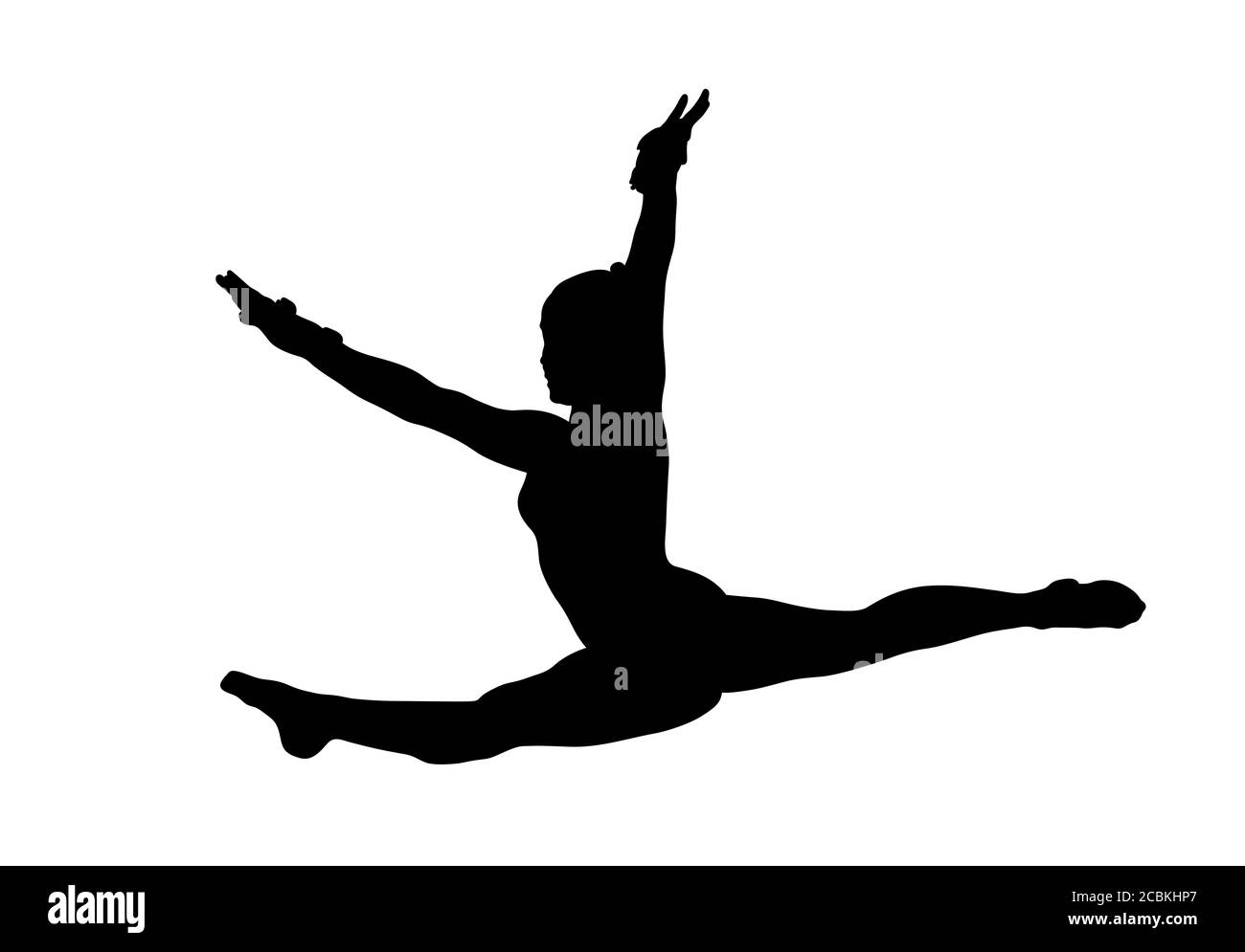 Mädchen Turnerin tun Sprung Split Sprung schwarze Silhouette Stockfoto