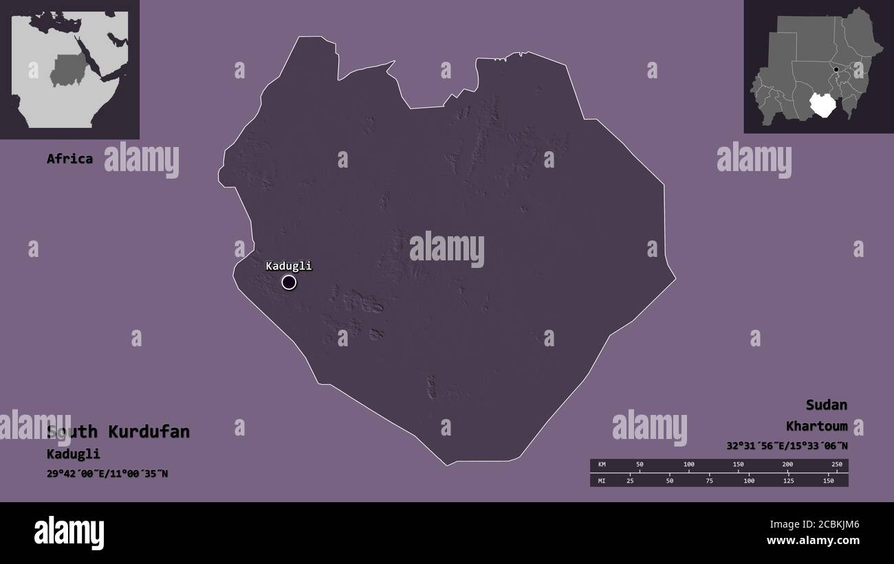 Form von Südkurdufan, Staat des Sudan, und seine Hauptstadt. Entfernungsskala, Vorschauen und Beschriftungen. Farbige Höhenkarte. 3D-Rendering Stockfoto
