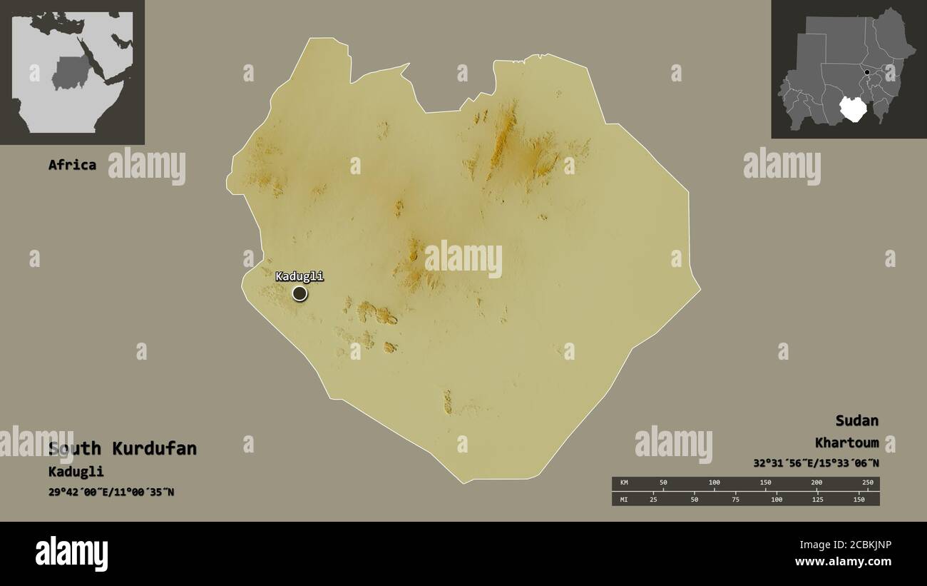 Form von Südkurdufan, Staat des Sudan, und seine Hauptstadt. Entfernungsskala, Vorschauen und Beschriftungen. Topografische Reliefkarte. 3D-Rendering Stockfoto