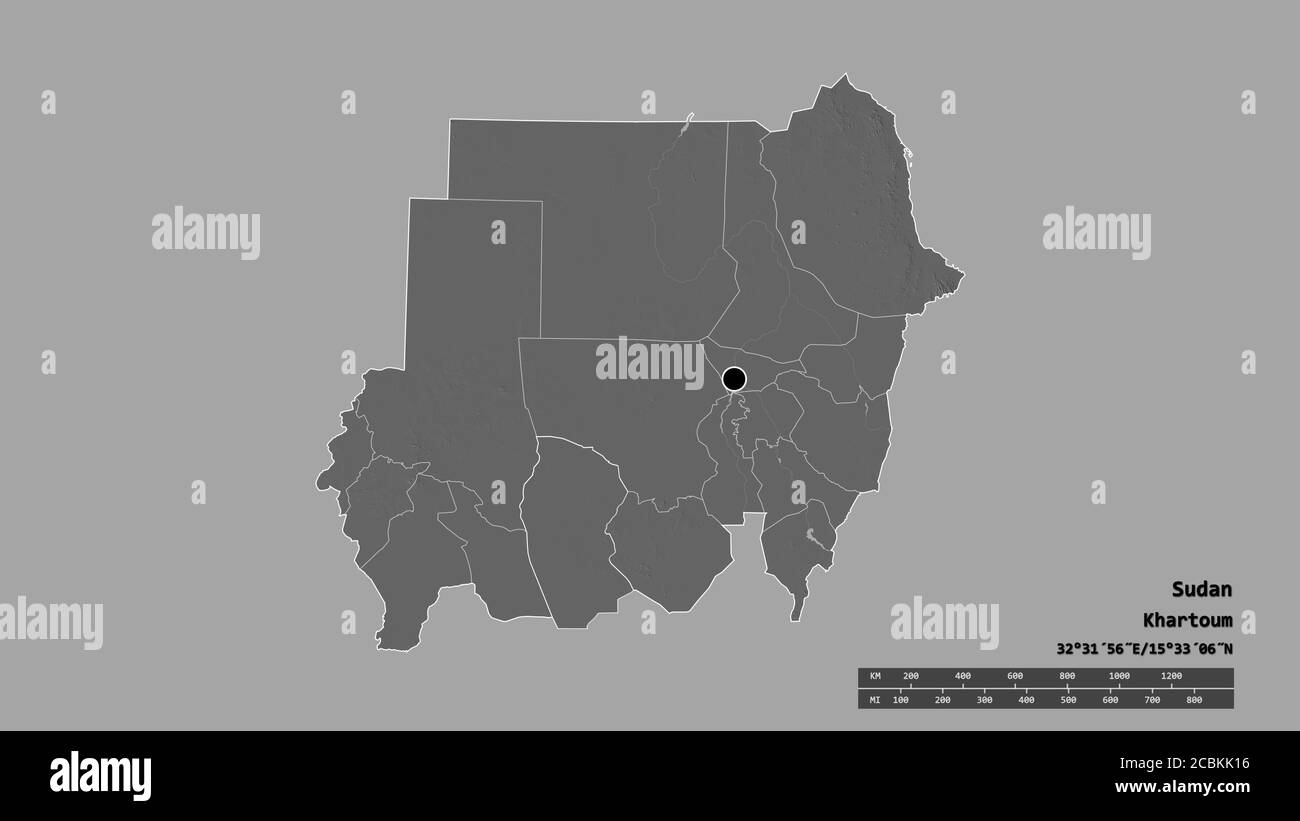 Entsättigte Form des Sudan mit seiner Hauptstadt, Hauptregionalabteilung und dem abgetrennten West-Kurdufan-Gebiet. Beschriftungen. Höhenkarte mit zwei Ebenen. 3D-Rendering Stockfoto