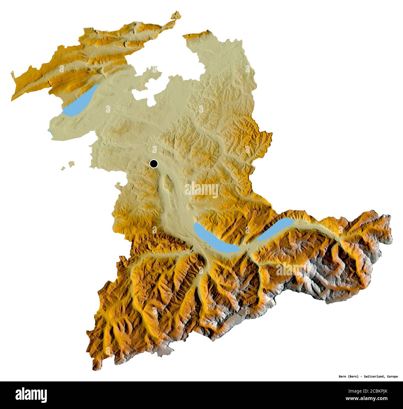 Form von Bern, Kanton Schweiz, mit seiner Hauptstadt isoliert auf weißem Hintergrund. Topografische Reliefkarte. 3D-Rendering Stockfoto