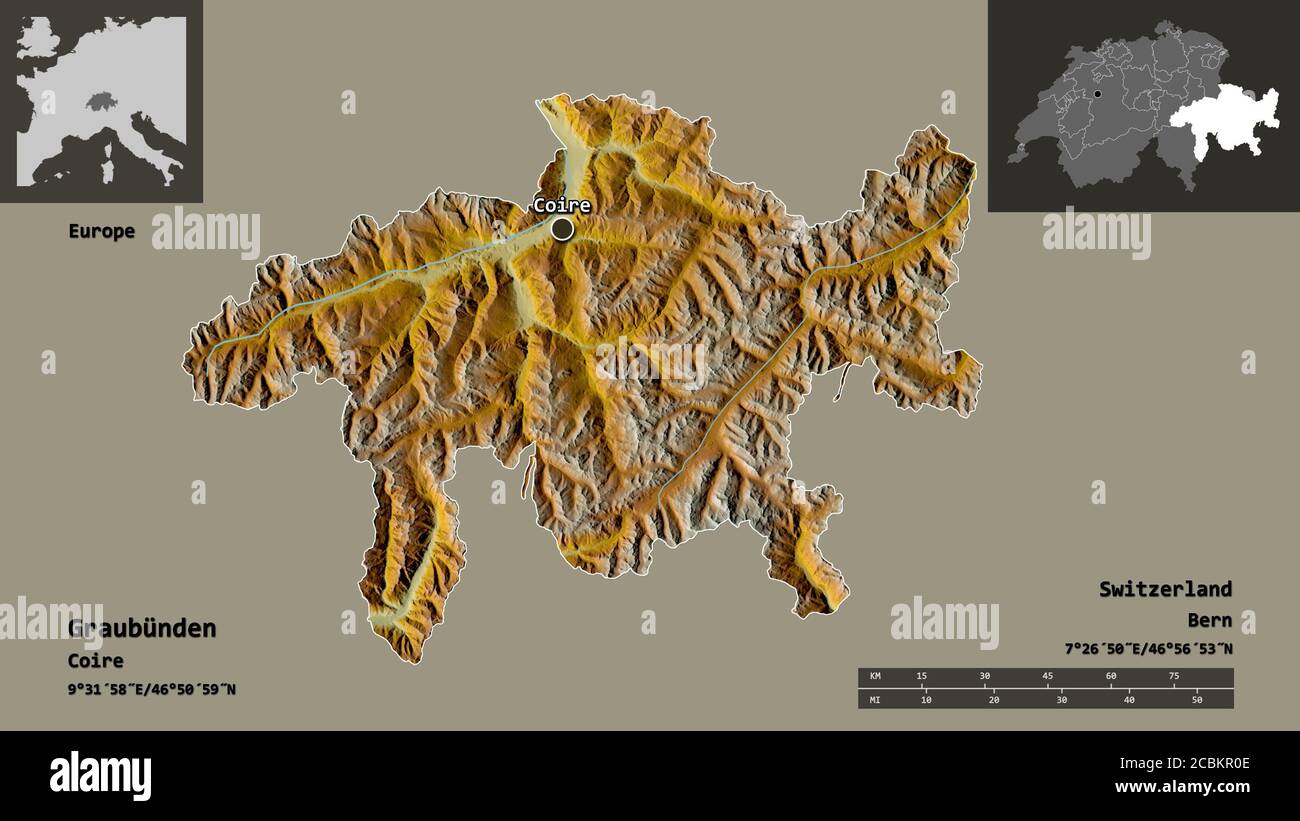 Form von Graubünden, Kanton Schweiz, und seine Hauptstadt. Entfernungsskala, Vorschauen und Beschriftungen. Topografische Reliefkarte. 3D-Rendering Stockfoto