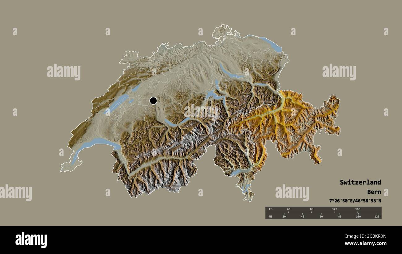 Entsättigte Form der Schweiz mit ihrer Hauptstadt, der Hauptregionalteilung und dem abgetrennten Graubünden-Gebiet. Beschriftungen. Topografische Reliefkarte. 3D-Rendering Stockfoto