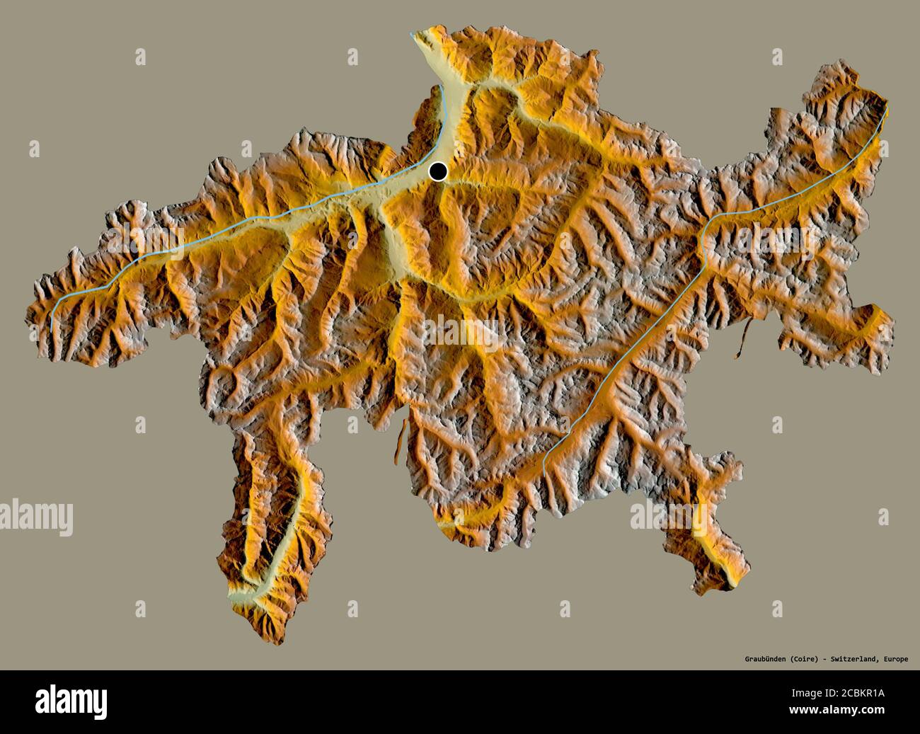 Form von Graubünden, Kanton Schweiz, mit seiner Hauptstadt isoliert auf einem einfarbigen Hintergrund. Topografische Reliefkarte. 3D-Rendering Stockfoto
