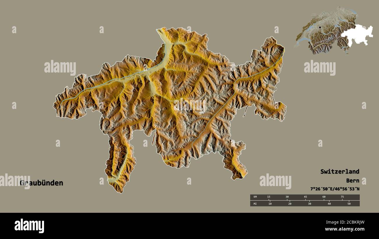 Form von Graubünden, Kanton Schweiz, mit seiner Hauptstadt isoliert auf festem Hintergrund. Entfernungsskala, Regionenvorschau und Beschriftungen. Topografischer reli Stockfoto