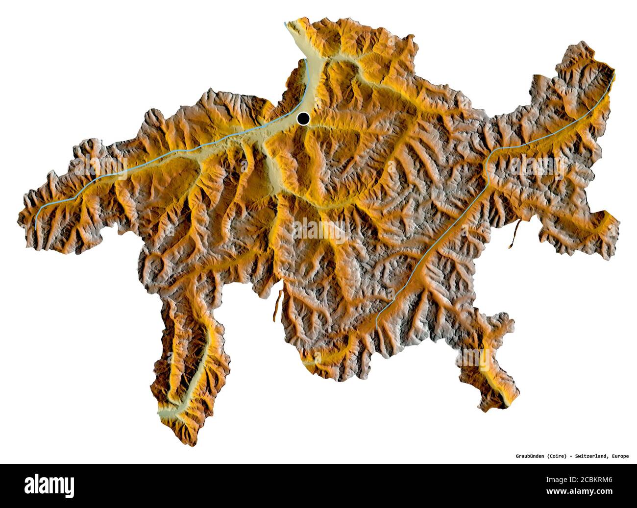 Form von Graubünden, Kanton Schweiz, mit seiner Hauptstadt isoliert auf weißem Hintergrund. Topografische Reliefkarte. 3D-Rendering Stockfoto