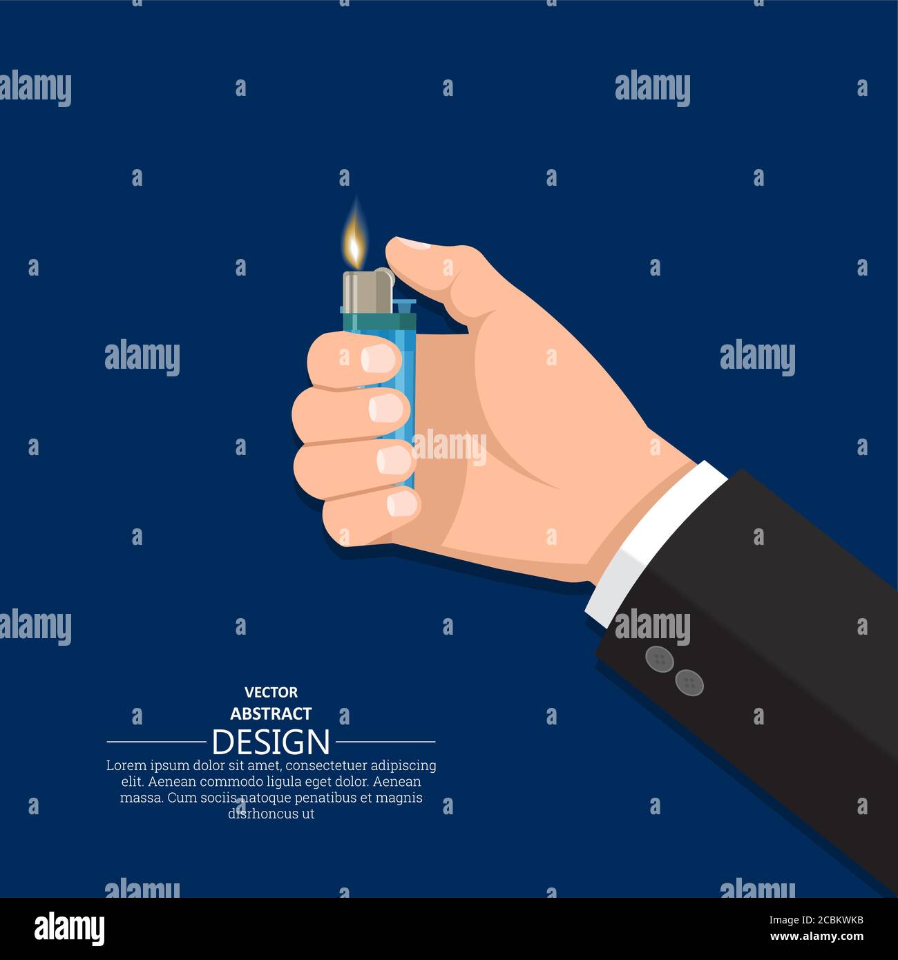 Die Hand des Mannes hält das brennende Feuerzeug.flaches Design. Vektorgrafik. Stock Vektor