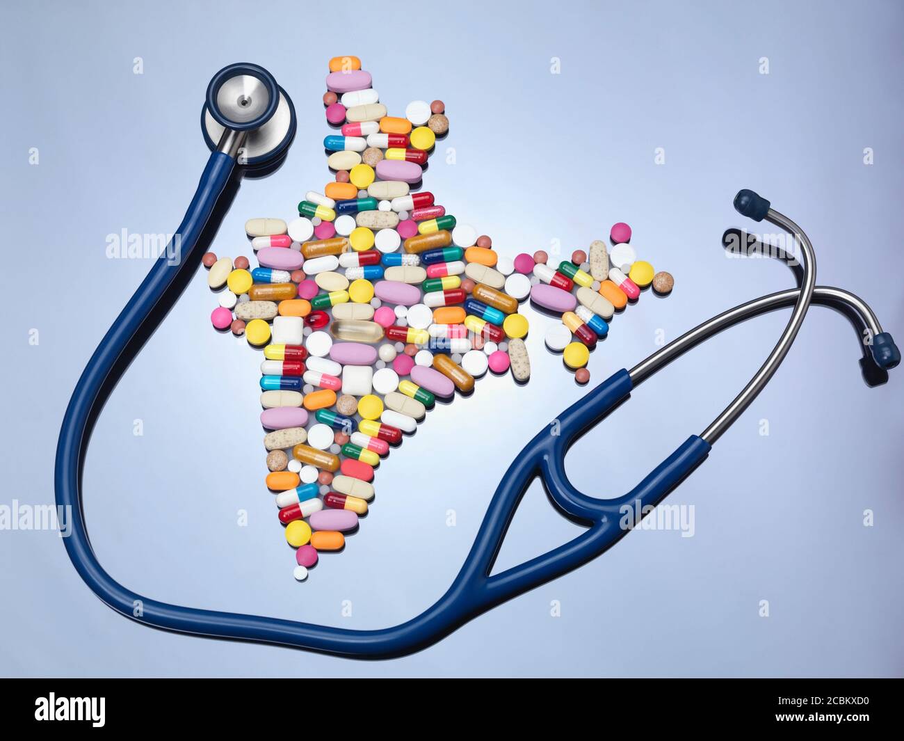 Stethoskop und Pillen in Indien Kartenform Stockfoto