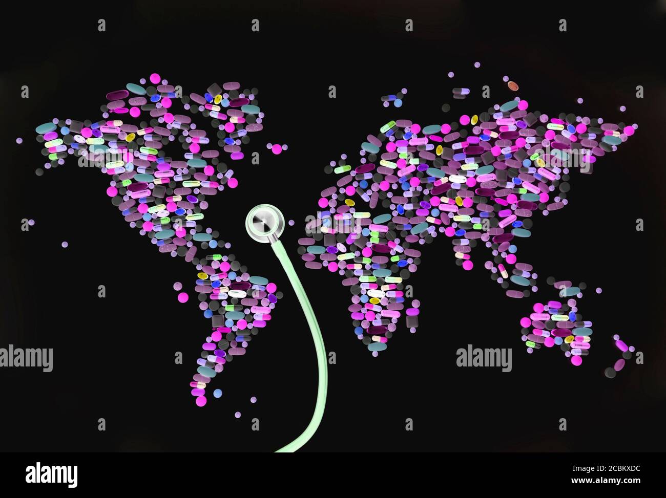 Pillen in der Welt Karte Form Stockfoto