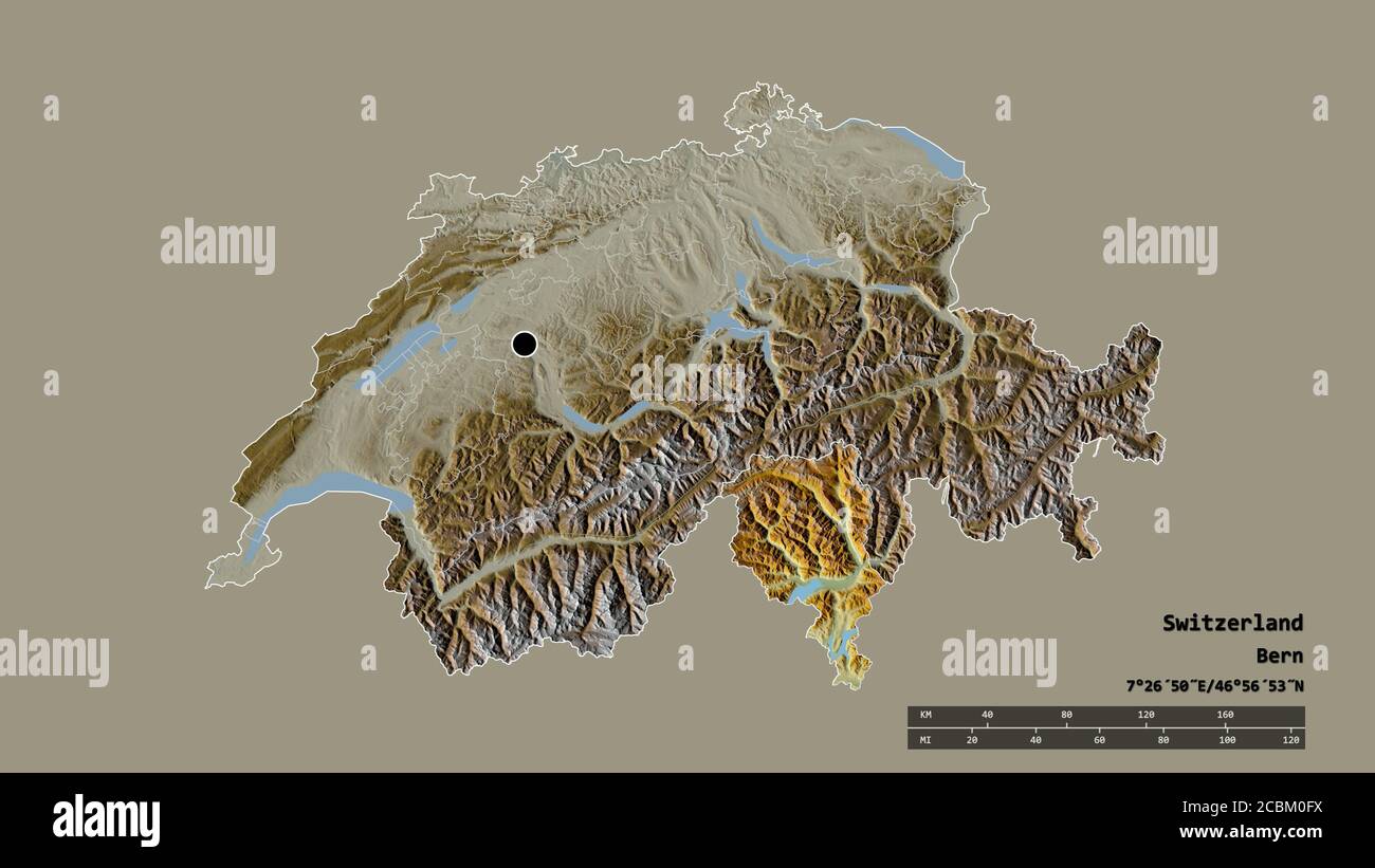 Entsättigte Form der Schweiz mit ihrer Hauptstadt, der Hauptregionalteilung  und dem abgetrennten Tessin. Beschriftungen. Topografische Reliefkarte. 3D-Rendering  Stockfotografie - Alamy