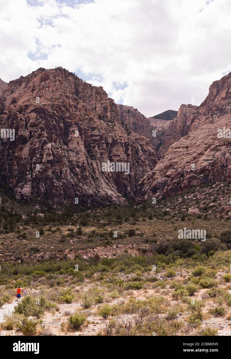 Fernansicht von touristischen Wanderern, die auf einem Feldweg im Red Rock Canyon National Conservation Area, Nevada, USA, wandern Stockfoto