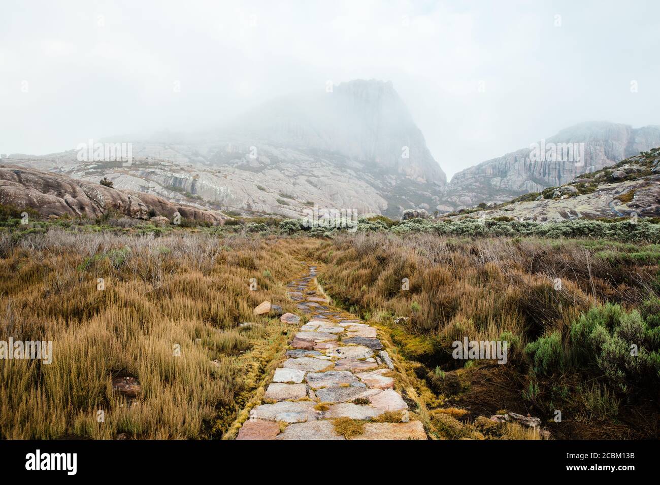 Fußgängerbrücke und neblige Berge, Pic Boby, Andringitra Massiv, Andringitra Nationalpark, Madagaskar, Afrika Stockfoto