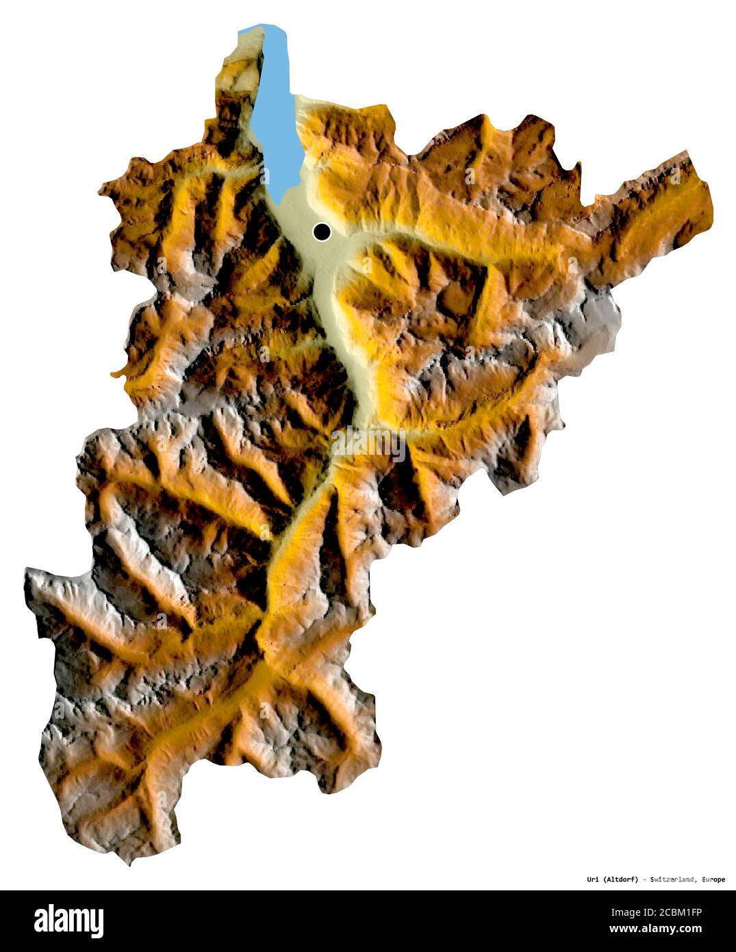 Form von Uri, Kanton Schweiz, mit seiner Hauptstadt isoliert auf weißem Hintergrund. Topografische Reliefkarte. 3D-Rendering Stockfoto