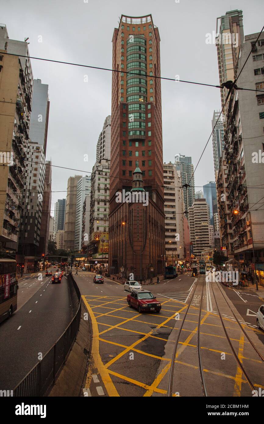 Stadtbild von der Straßenbahn, Downtown Hong Kong, China Stockfoto