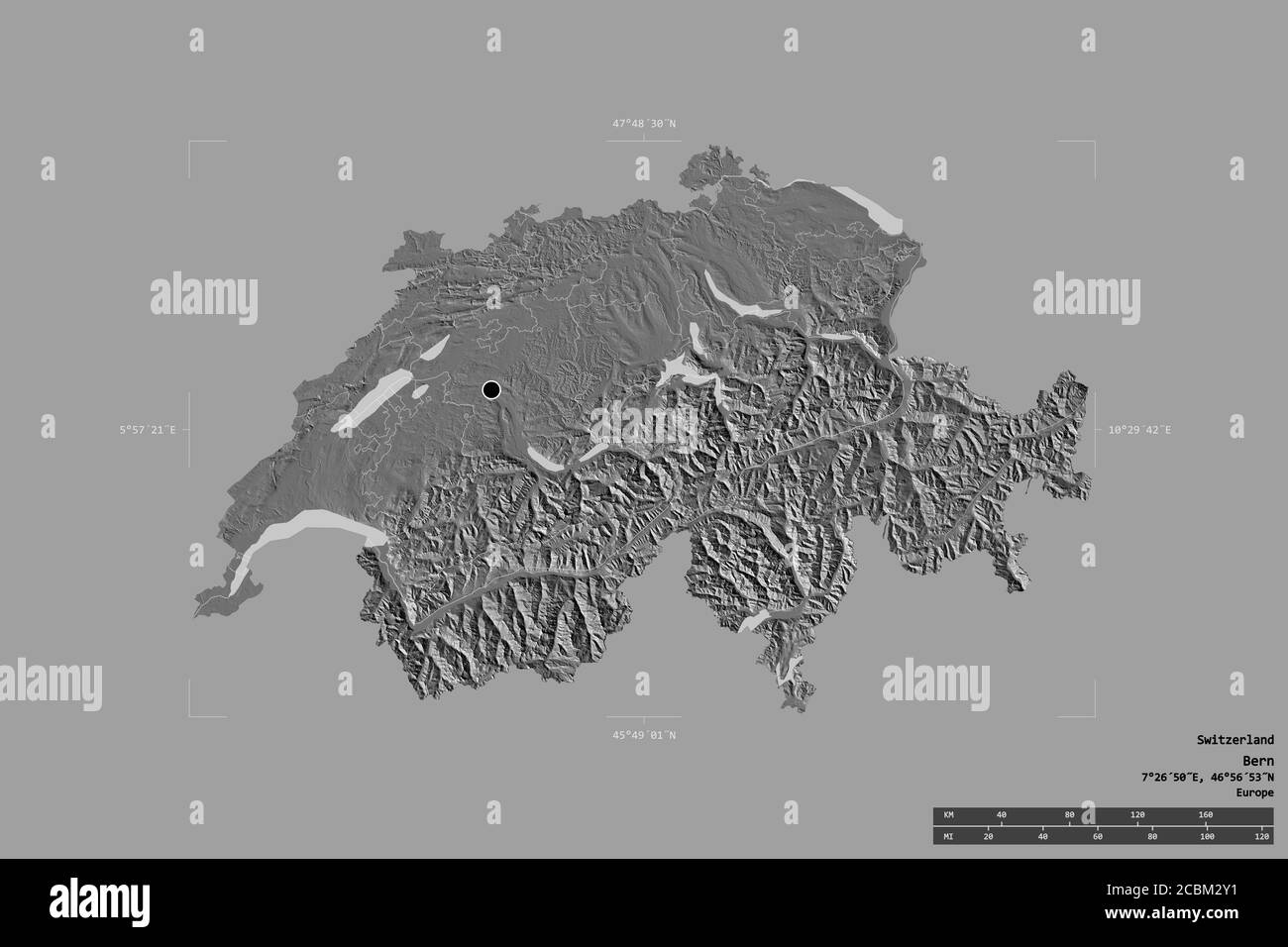 Gebiet der Schweiz isoliert auf einem soliden Hintergrund in einem georeferenzierten Begrenzungsrahmen. Regionale Hauptabteilung, Entfernungsskala, Beschriftungen. Höhe der Bilevel Stockfoto