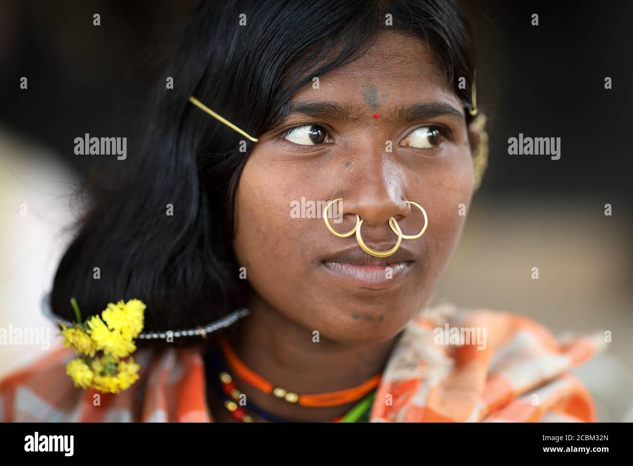 Dongria Kondh Stammesfrau in einem ländlichen Dorf in der Nähe von Rayagada, Odisha, Indien. Stockfoto