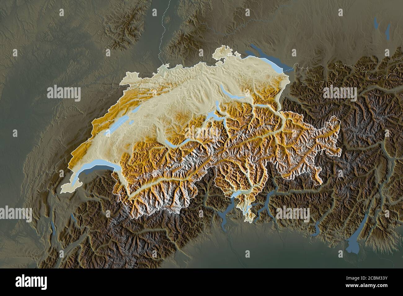 Form der Schweiz durch die Desaturierung der Nachbargebiete getrennt. Rahmen. Topografische Reliefkarte. 3D-Rendering Stockfoto