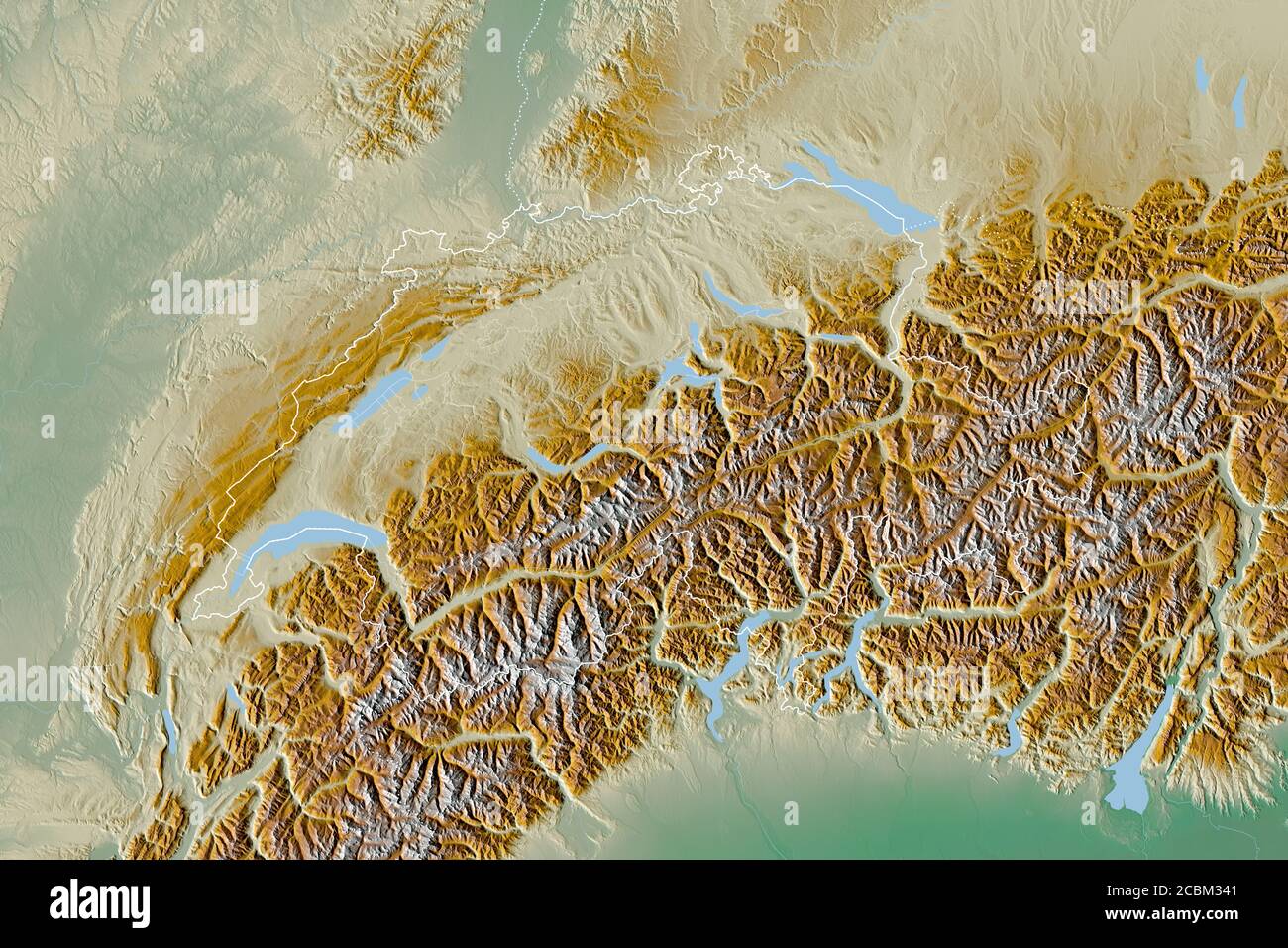 Ausgedehntes Gebiet der Schweiz mit Länderübersicht, internationalen und regionalen Grenzen. Topografische Reliefkarte. 3D-Rendering Stockfoto