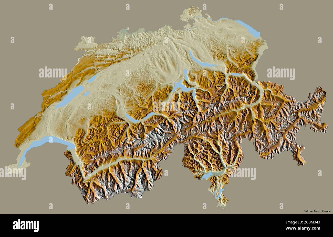 Form der Schweiz mit ihrer Hauptstadt isoliert auf einem einfarbigen Hintergrund. Topografische Reliefkarte. 3D-Rendering Stockfoto