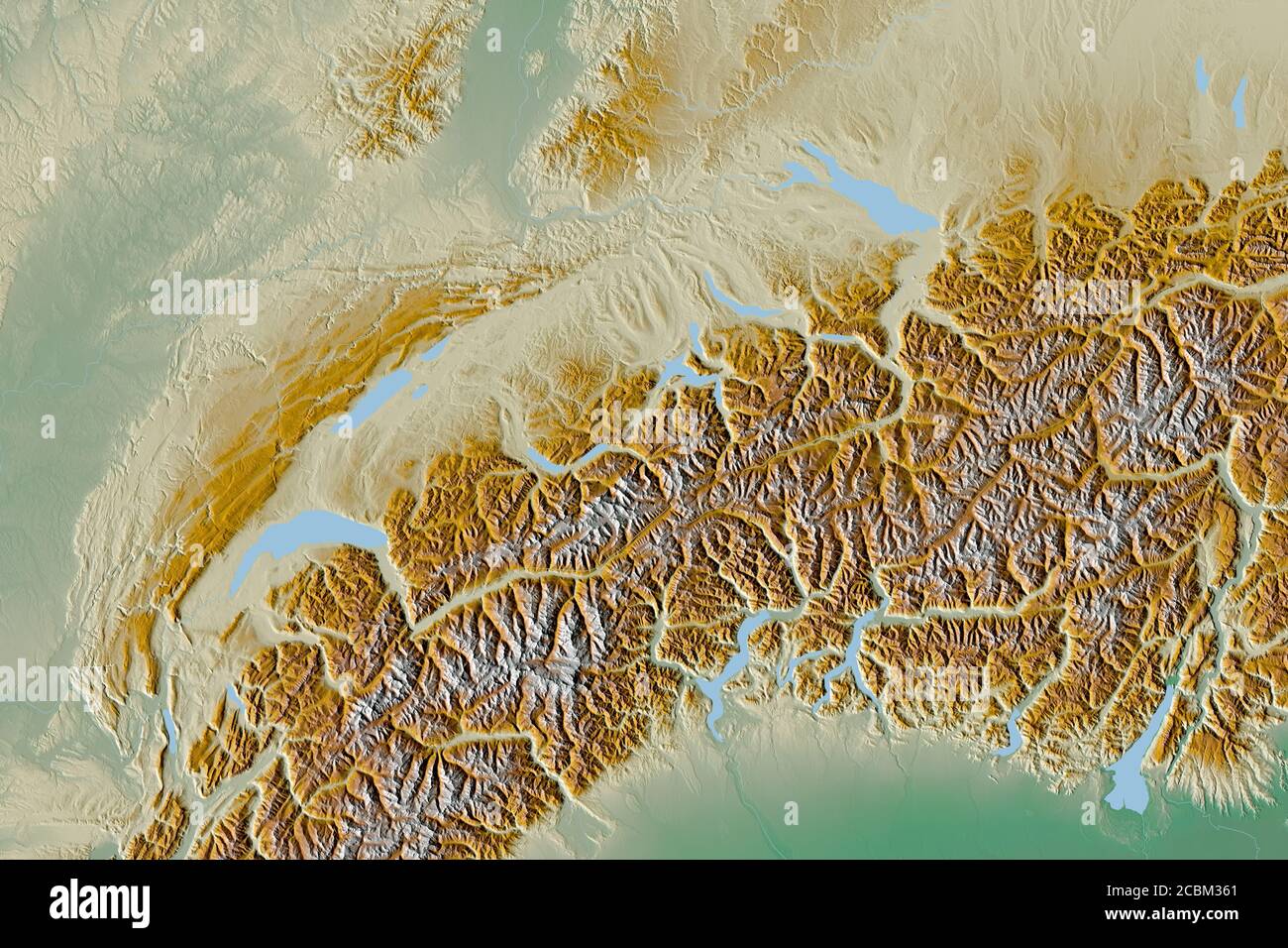 Ausgedehntes Gebiet der Schweiz. Topografische Reliefkarte. 3D-Rendering Stockfoto