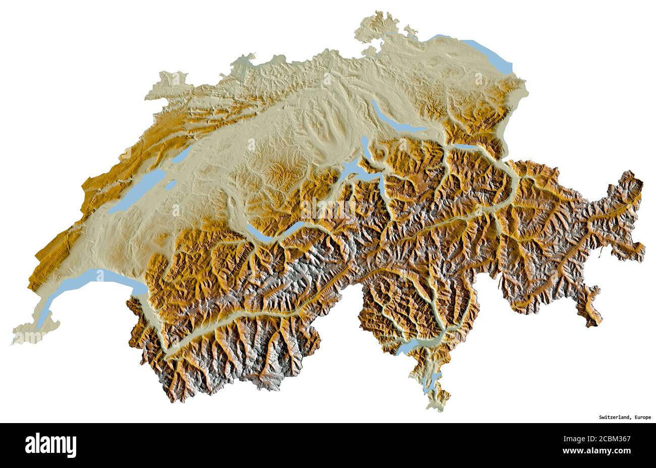 Form der Schweiz mit ihrer Hauptstadt isoliert auf weißem Hintergrund. Topografische Reliefkarte. 3D-Rendering Stockfoto