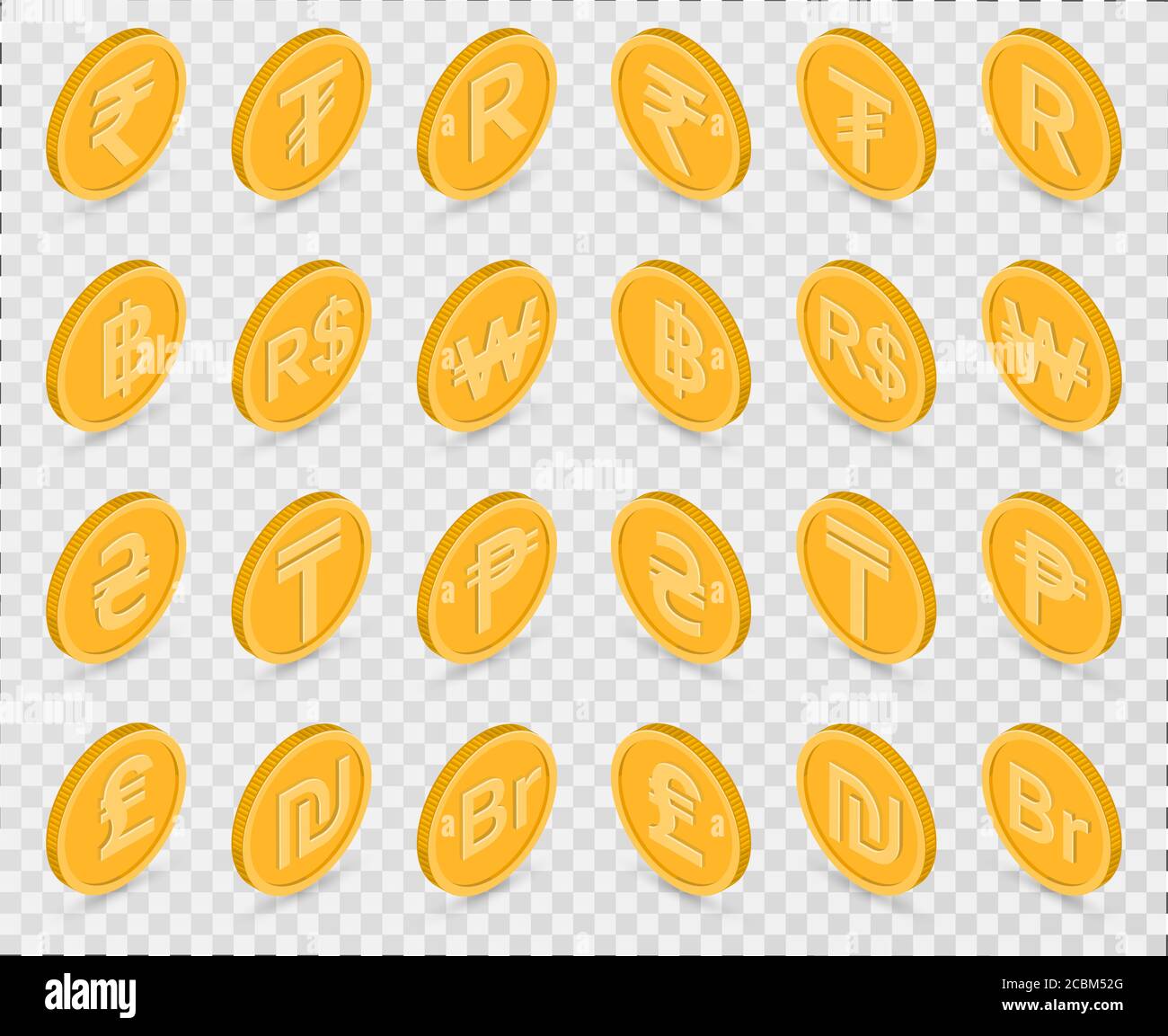 Zeichensatz von Währungen auf dem transparenten isolierten Hintergrund.Banknoten der verschiedenen Länder der Welt.Goldmünzen in isometrischen, 3D-Stil Stock Vektor