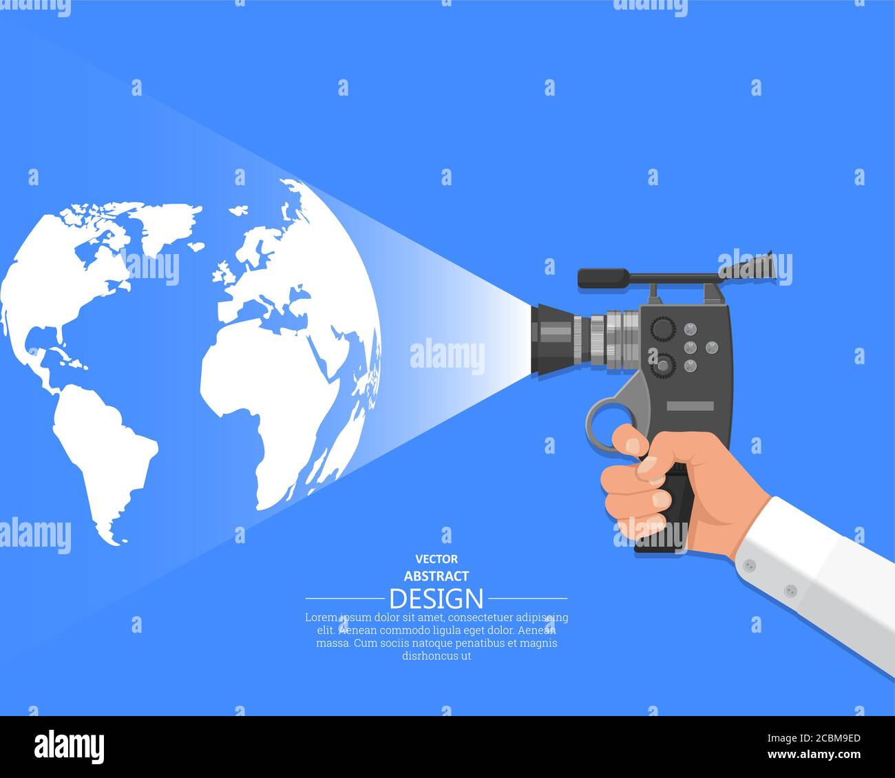 Die Hand des Videobedieners hält die Videokamera. Konzept der Darstellung von Weltereignissen. Aktuelle globale Nachrichten. Eine Vektorgrafik in flacher Form. Stock Vektor