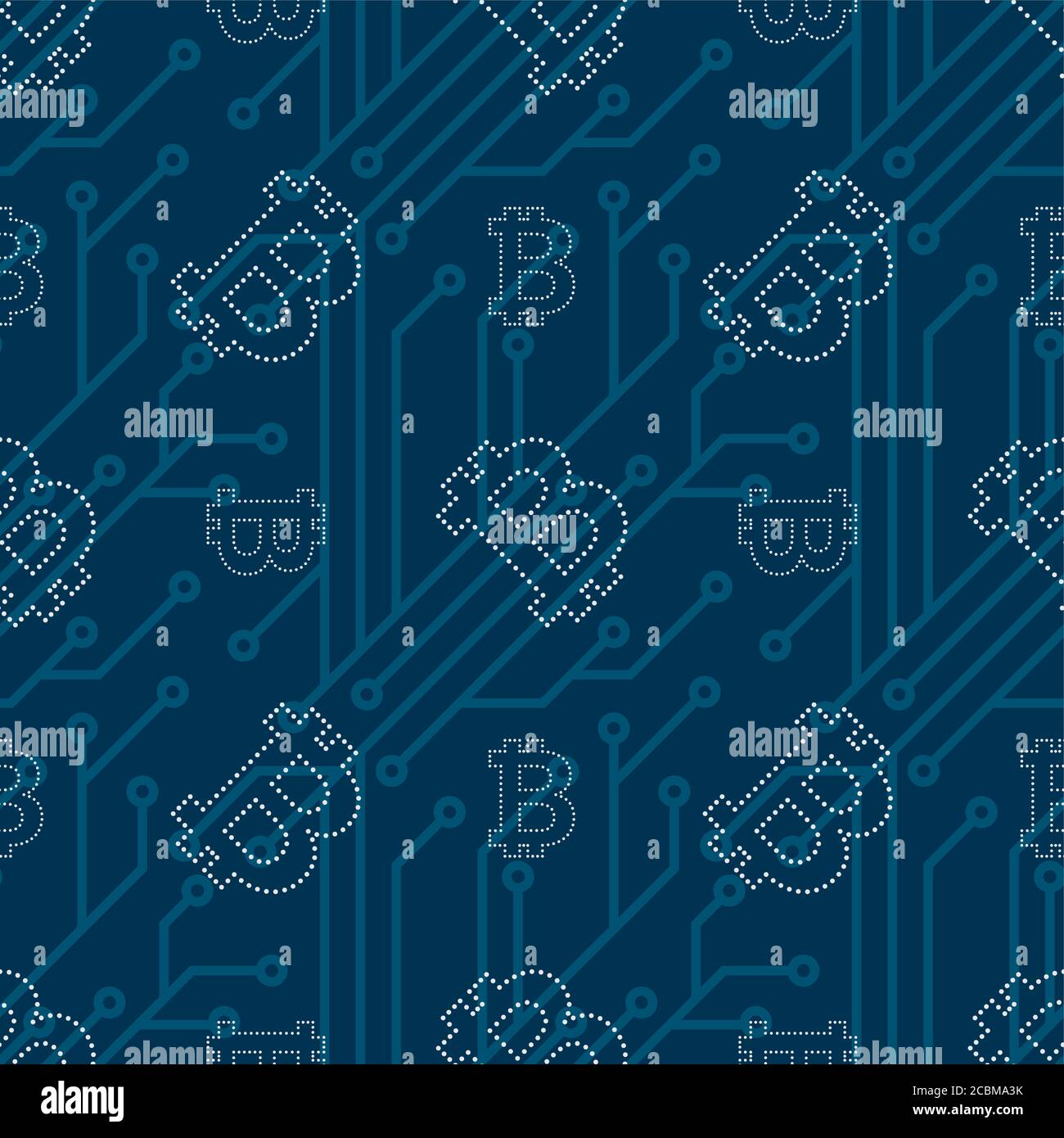Hintergrund von einem Symbol der Kryptowährung Bitcoin und das Schema. Chaotisch verstreute Symbole auf einem blauen Substrat. Nahtloses Muster. Vektor illustrr Stock Vektor