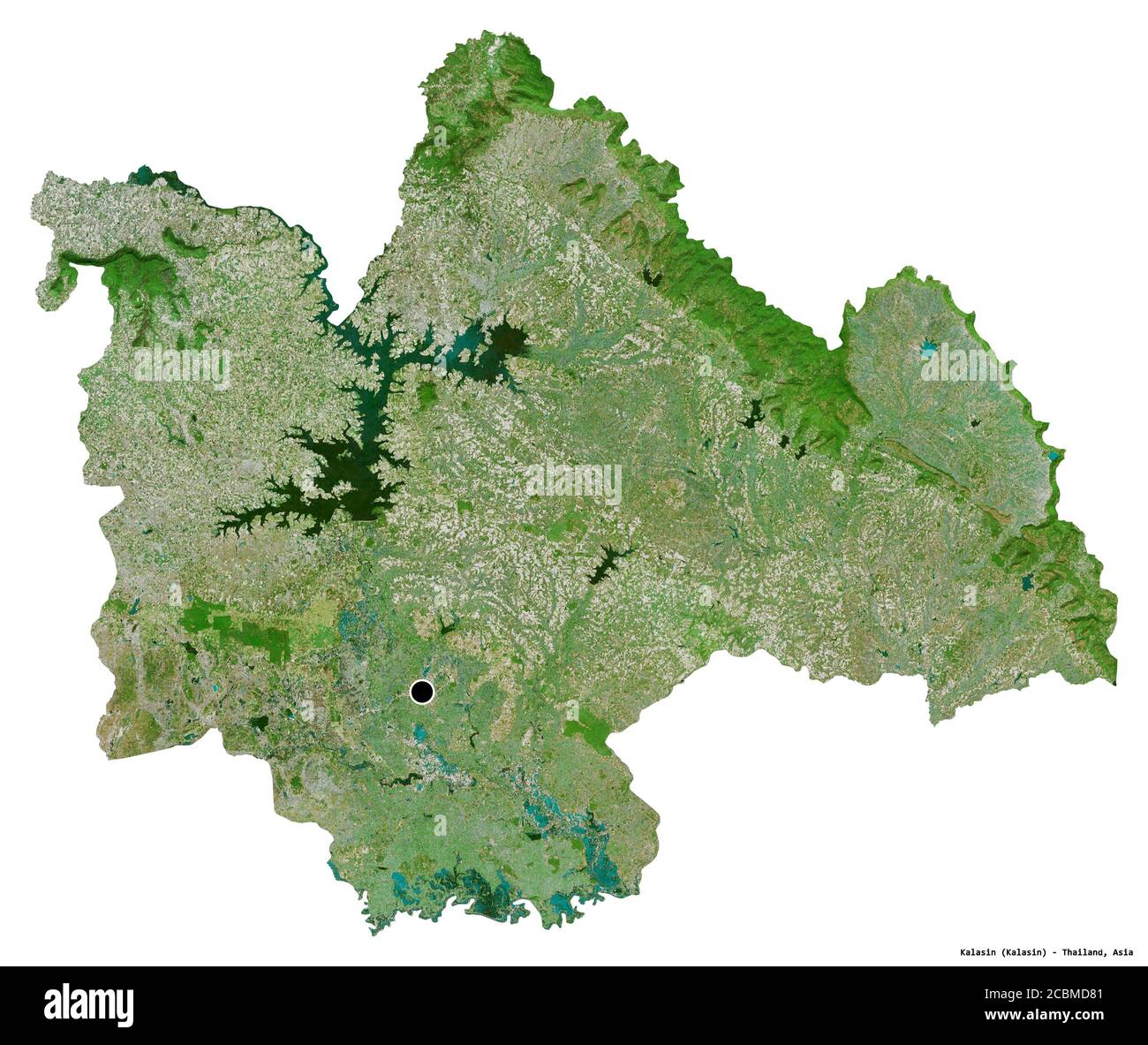 Form von Kalasin, Provinz Thailand, mit seiner Hauptstadt isoliert auf weißem Hintergrund. Satellitenbilder. 3D-Rendering Stockfoto