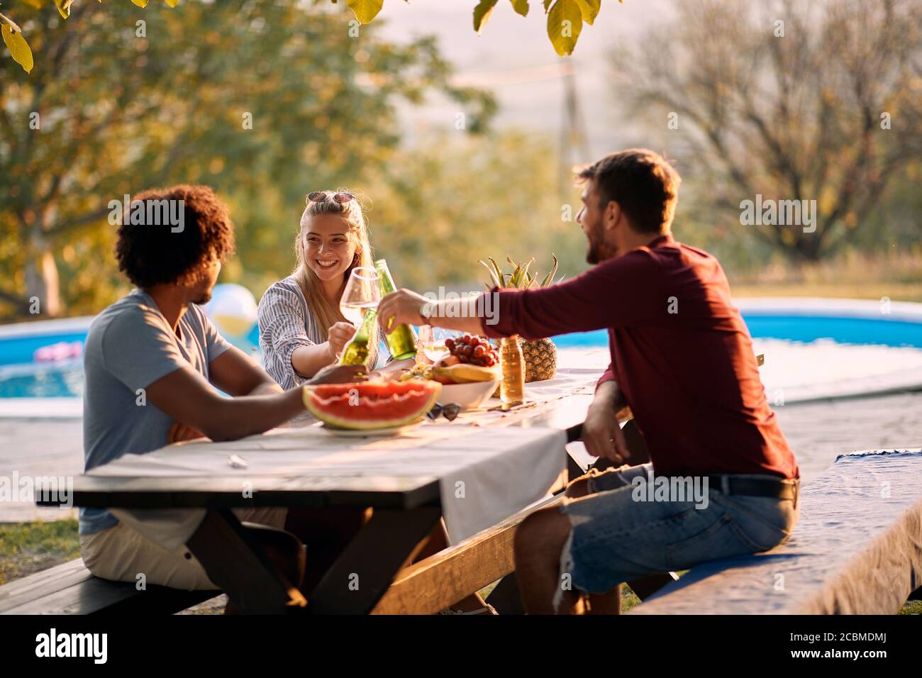 Fröhliche junge Freunde trinken bei der Dinner-Party. Stockfoto