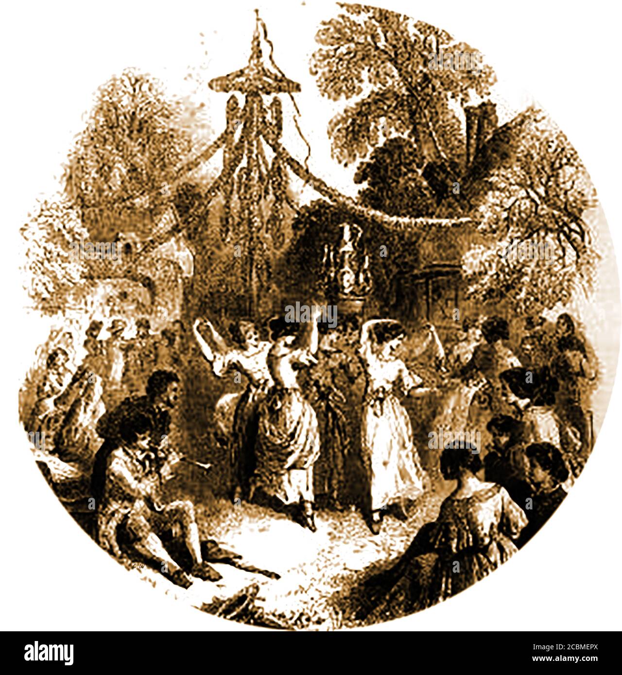 Traditionelle alte britische Bräuche, Feste und Veranstaltungen - Maifeiertag Feiern - Tanzen rund um die Maibole in England im Jahr 1845 eine Tradition, die noch an vielen Orten durchgeführt wird, wo eine jährliche Mai Königin oft gewählt und gekrönt wird. Stockfoto