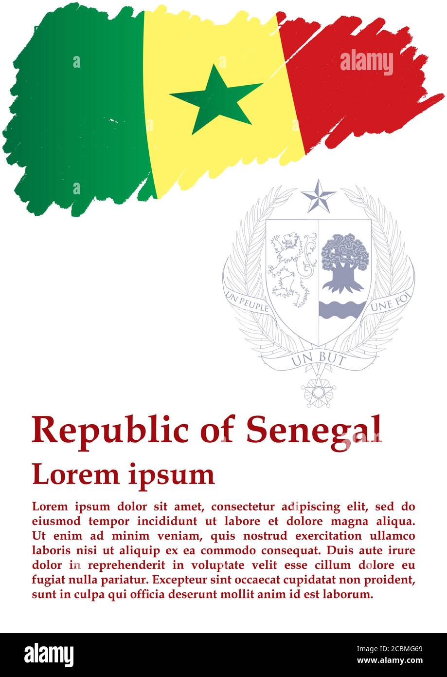 Flagge Senegals, Republik Senegal. Vorlage für Award Design, ein offizielles Dokument mit der Flagge von Senegal. Helle, farbenfrohe Vektorgrafik. Stock Vektor